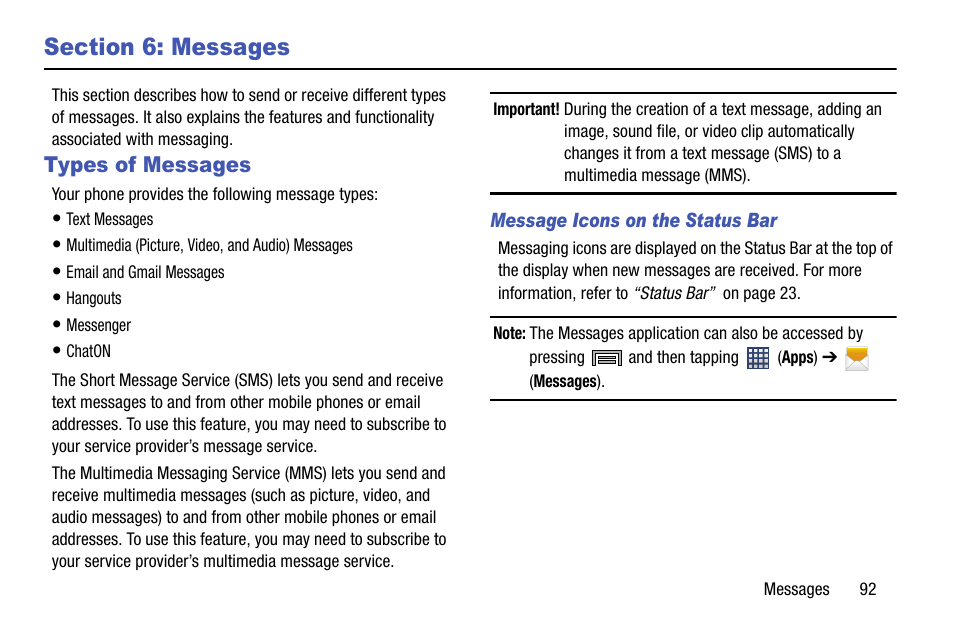 Section 6: messages, Types of messages | Samsung SM-N900TZKETMB User Manual | Page 99 / 332