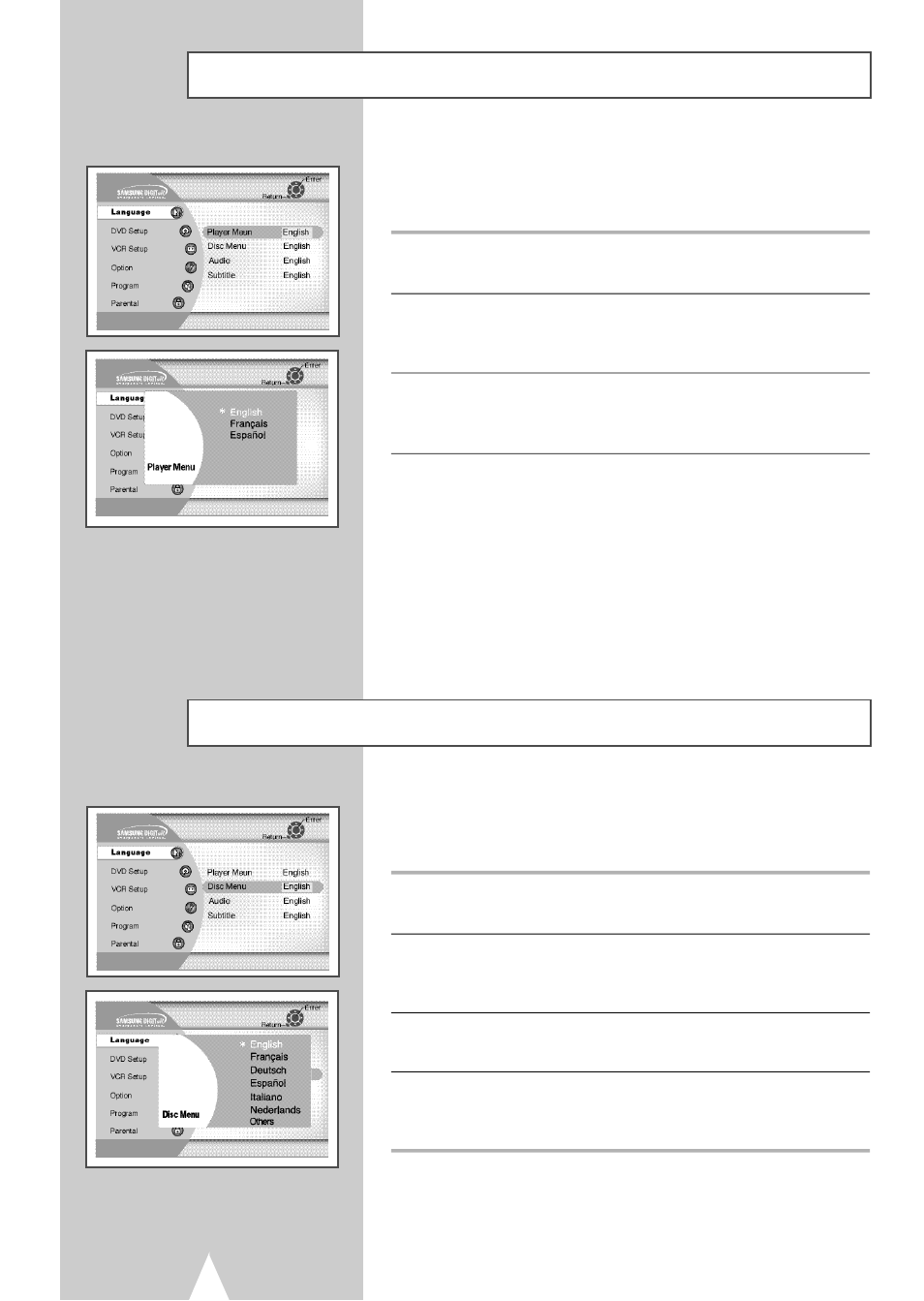 Disc menu language, Player menu language | Samsung DVDV2500V-XAA User Manual | Page 24 / 67