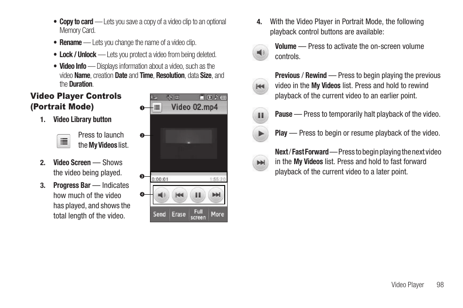 Video player controls (portrait mode) | Samsung SCH-R860ZKAMTR User Manual | Page 101 / 180