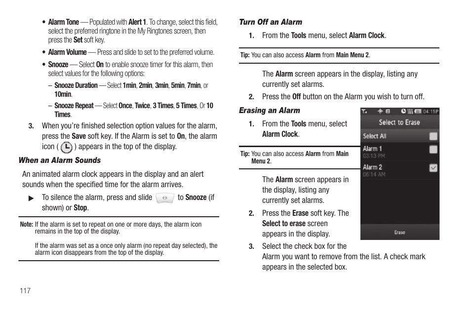 When an alarm sounds, Turn off an alarm, Erasing an alarm | Samsung SCH-R860ZKAMTR User Manual | Page 120 / 180