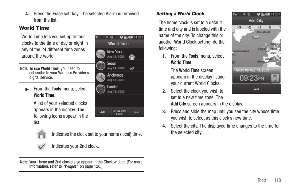 World time, Setting a world clock | Samsung SCH-R860ZKAMTR User Manual | Page 121 / 180