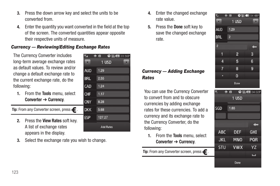 Currency — reviewing/editing exchange rates, Currency — adding exchange rates | Samsung SCH-R860ZKAMTR User Manual | Page 126 / 180