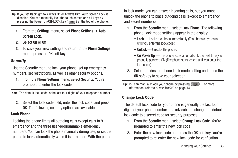 Security, Lock phone, Change lock code | Samsung SCH-R860ZKAMTR User Manual | Page 139 / 180