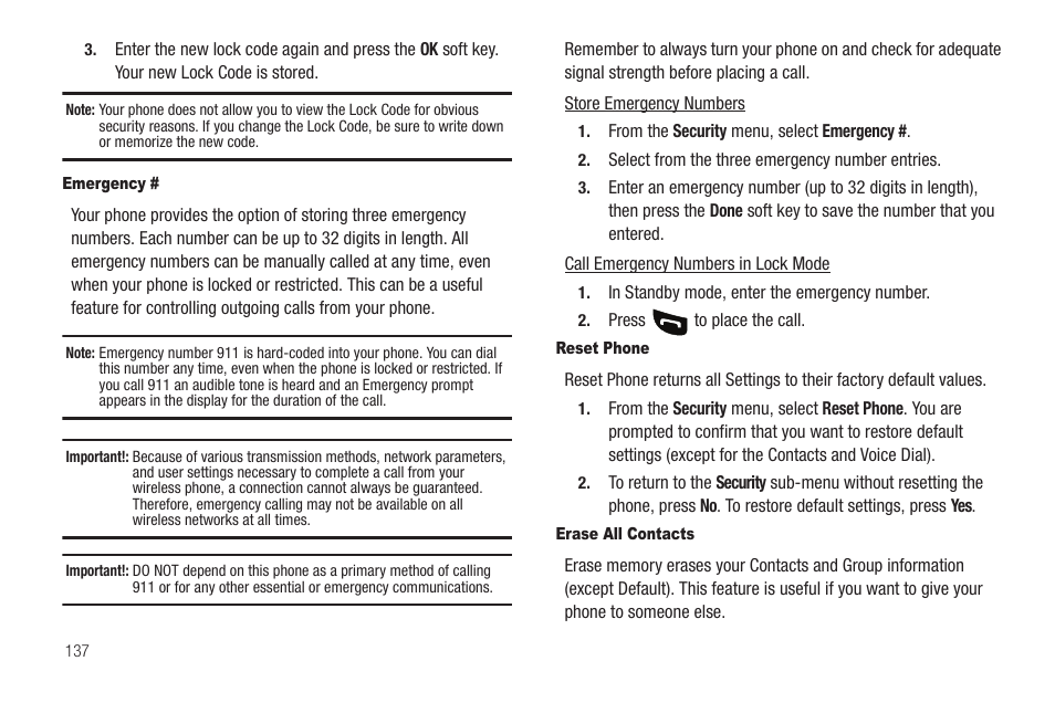 Emergency, Reset phone, Erase all contacts | Samsung SCH-R860ZKAMTR User Manual | Page 140 / 180