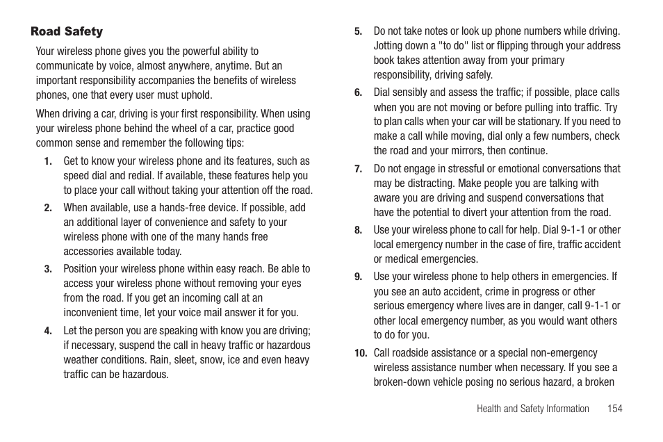 Road safety | Samsung SCH-R860ZKAMTR User Manual | Page 157 / 180