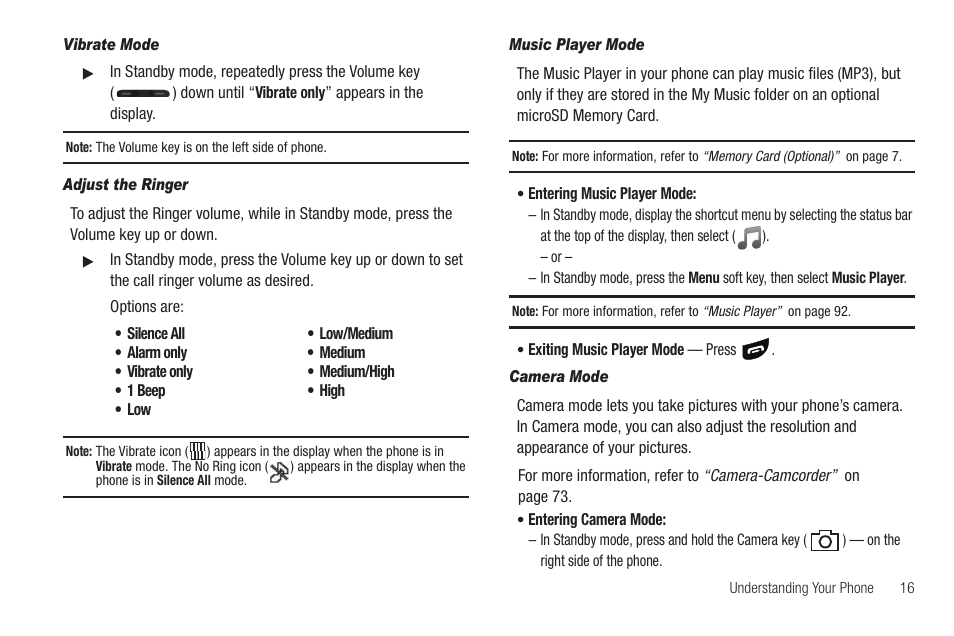 Vibrate mode, Adjust the ringer, Music player mode | Camera mode | Samsung SCH-R860ZKAMTR User Manual | Page 19 / 180