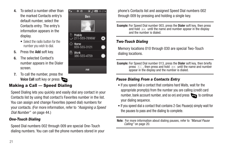 Making a call — speed dialing, One-touch dialing, Two-touch dialing | Pause dialing from a contacts entry | Samsung SCH-R860ZKAMTR User Manual | Page 24 / 180