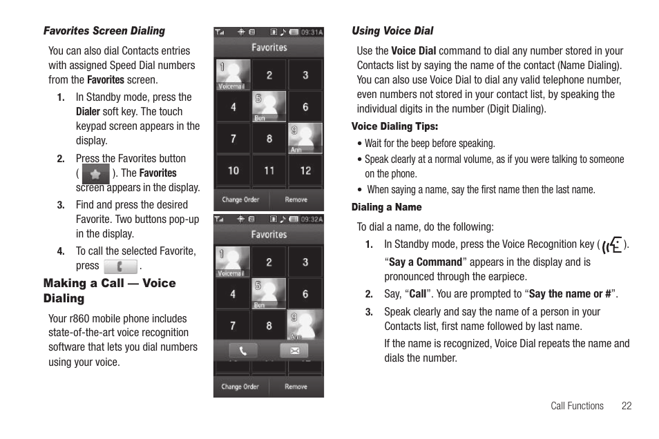 Favorites screen dialing, Making a call — voice dialing, Using voice dial | Voice dialing tips, Dialing a name | Samsung SCH-R860ZKAMTR User Manual | Page 25 / 180