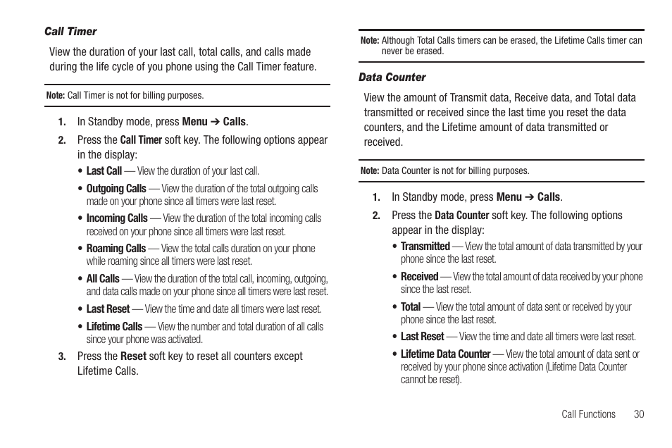 Call timer, Data counter | Samsung SCH-R860ZKAMTR User Manual | Page 33 / 180