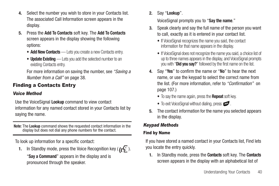 Finding a contacts entry, Voice method, Keypad methods | Find by name | Samsung SCH-R860ZKAMTR User Manual | Page 43 / 180