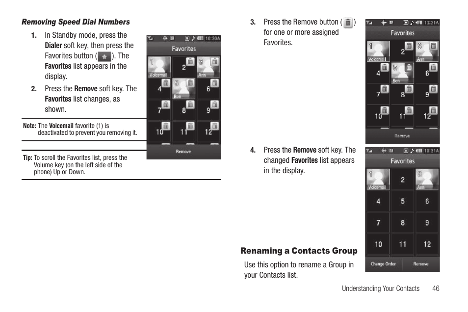 Removing speed dial numbers, Renaming a contacts group | Samsung SCH-R860ZKAMTR User Manual | Page 49 / 180