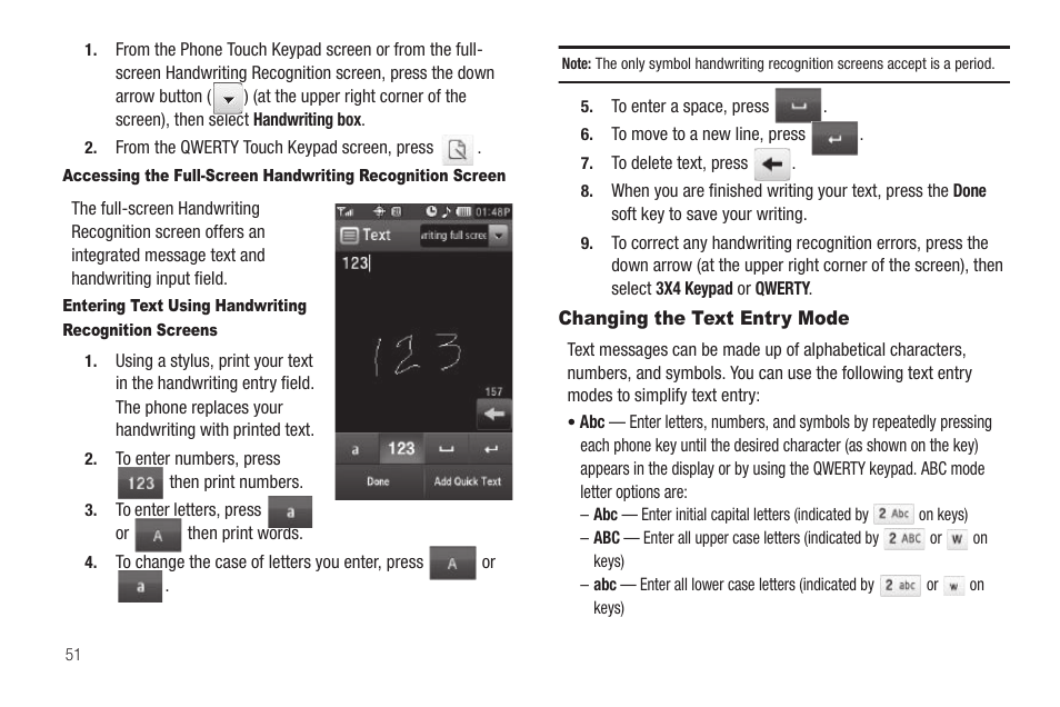 Changing the text entry mode | Samsung SCH-R860ZKAMTR User Manual | Page 54 / 180