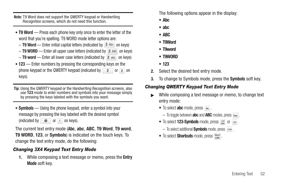 Changing 3x4 keypad text entry mode, Changing qwerty keypad text entry mode | Samsung SCH-R860ZKAMTR User Manual | Page 55 / 180