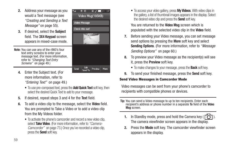 Send video messages in camcorder mode | Samsung SCH-R860ZKAMTR User Manual | Page 62 / 180