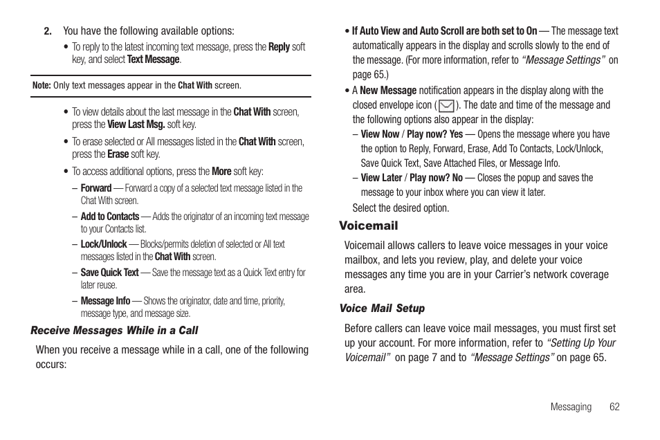 Receive messages while in a call, Voicemail, Voice mail setup | Samsung SCH-R860ZKAMTR User Manual | Page 65 / 180