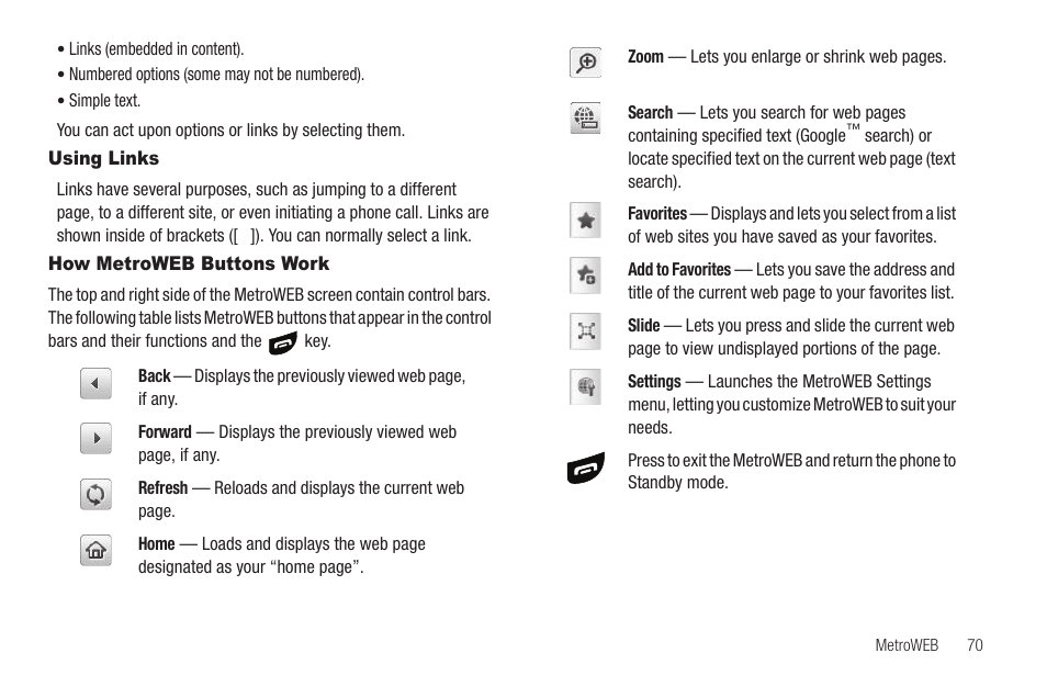 Using links, How metroweb buttons work, Using links how metroweb buttons work | Samsung SCH-R860ZKAMTR User Manual | Page 73 / 180