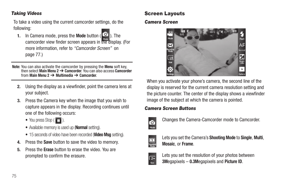 Taking videos, Screen layouts, Camera screen | Camera screen buttons | Samsung SCH-R860ZKAMTR User Manual | Page 78 / 180