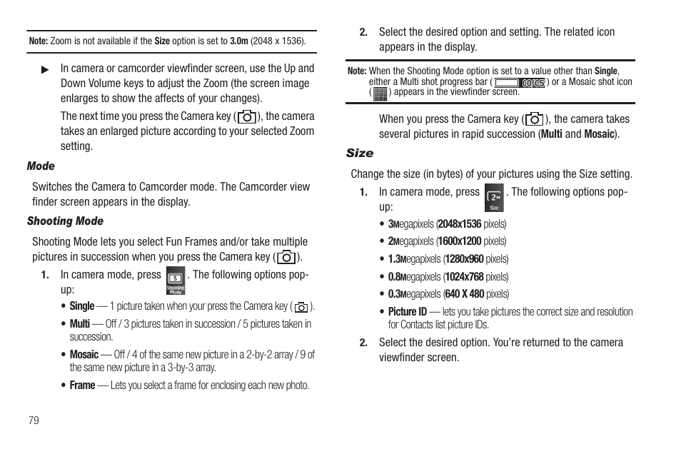 Mode, Shooting mode, Size | Samsung SCH-R860ZKAMTR User Manual | Page 82 / 180