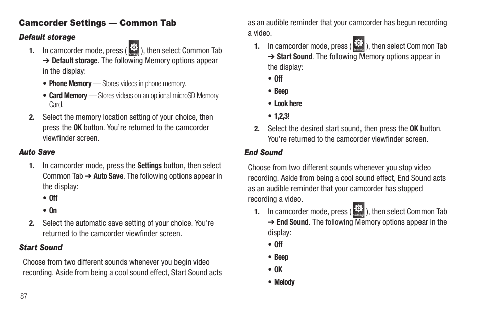 Camcorder settings — common tab, Default storage, Auto save | Start sound, End sound | Samsung SCH-R860ZKAMTR User Manual | Page 90 / 180