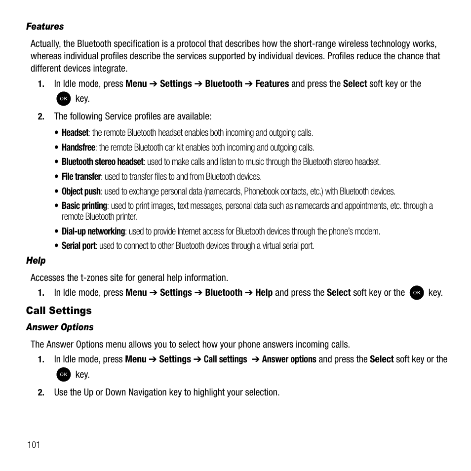 Features, Help, Call settings | Answer options | Samsung SGH-T339RRATMB User Manual | Page 104 / 184