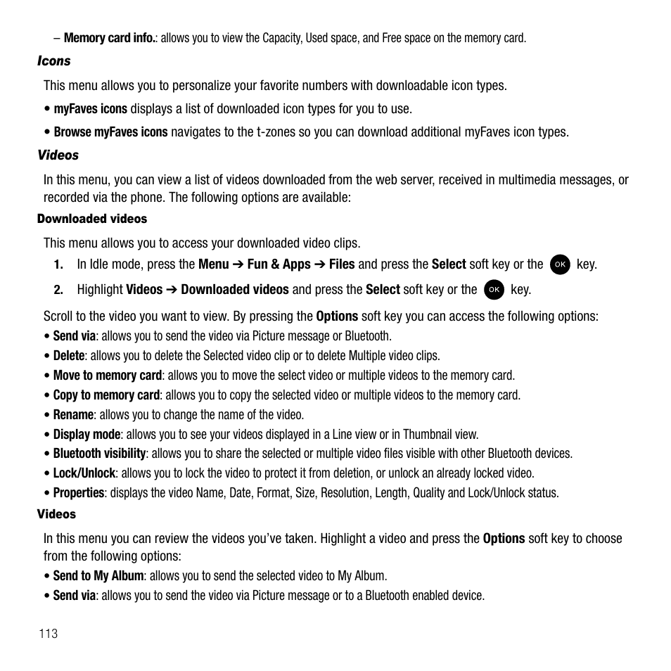 Icons, Videos | Samsung SGH-T339RRATMB User Manual | Page 116 / 184