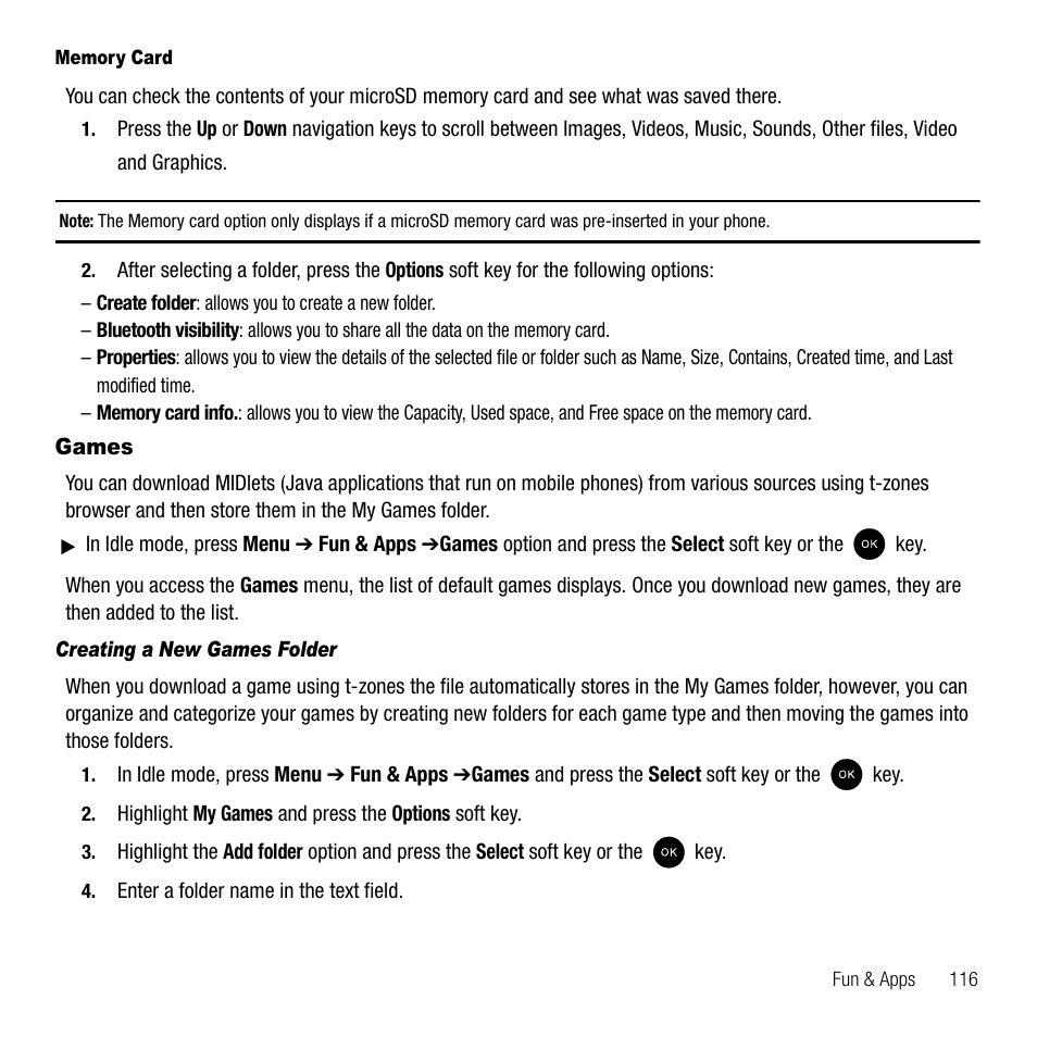 Games, Creating a new games folder | Samsung SGH-T339RRATMB User Manual | Page 119 / 184