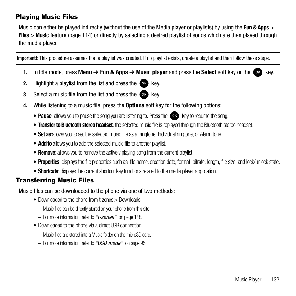 Playing music files, Transferring music files, Playing music files transferring music files | Samsung SGH-T339RRATMB User Manual | Page 135 / 184