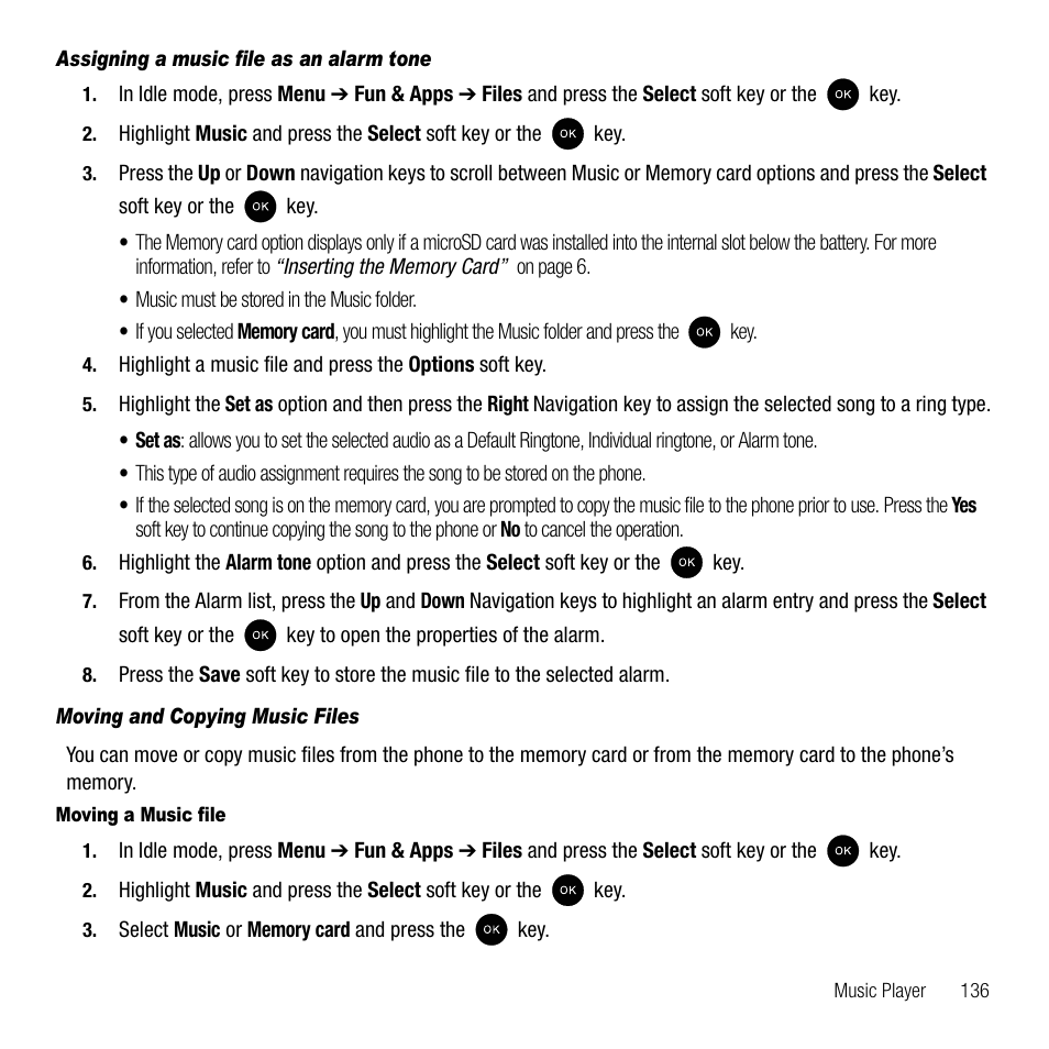 Assigning a music file as an alarm tone, Moving and copying music files | Samsung SGH-T339RRATMB User Manual | Page 139 / 184