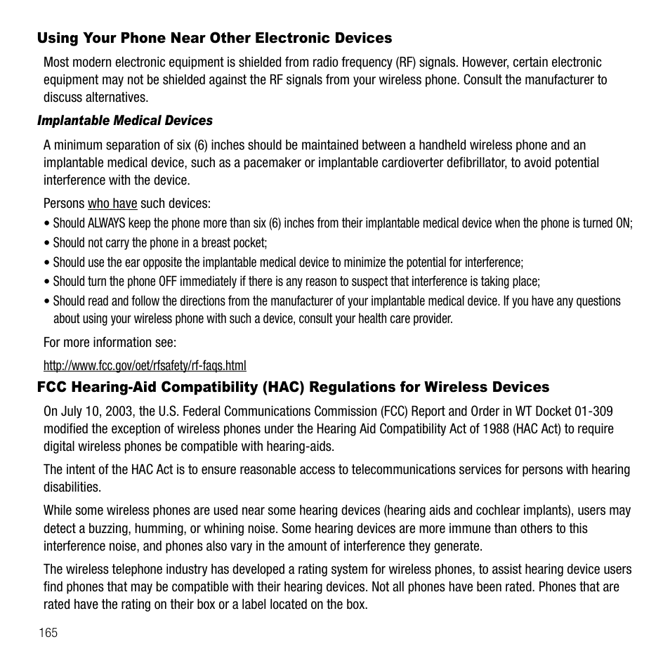 Using your phone near other electronic devices, Implantable medical devices | Samsung SGH-T339RRATMB User Manual | Page 168 / 184