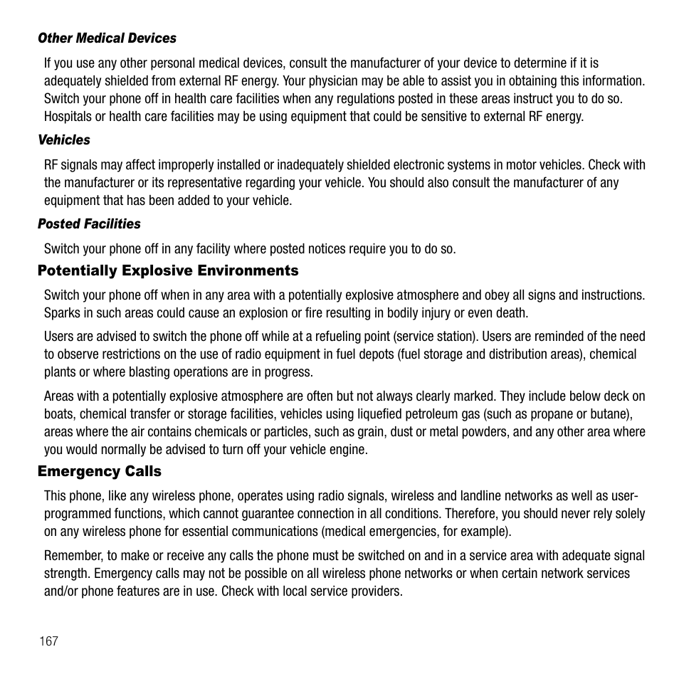 Other medical devices, Vehicles, Posted facilities | Potentially explosive environments, Emergency calls, Potentially explosive environments emergency calls | Samsung SGH-T339RRATMB User Manual | Page 170 / 184