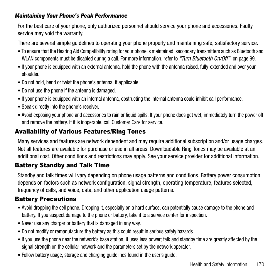 Maintaining your phone's peak performance, Availability of various features/ring tones, Battery standby and talk time | Battery precautions | Samsung SGH-T339RRATMB User Manual | Page 173 / 184