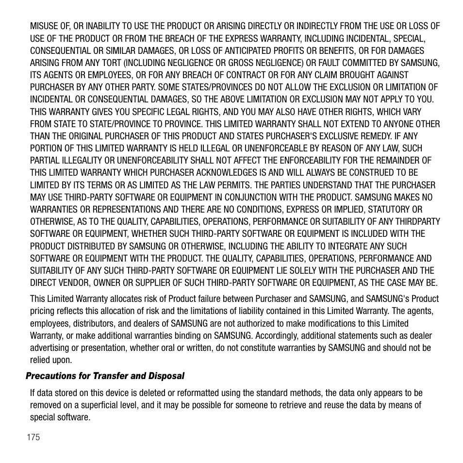 Precautions for transfer and disposal | Samsung SGH-T339RRATMB User Manual | Page 178 / 184