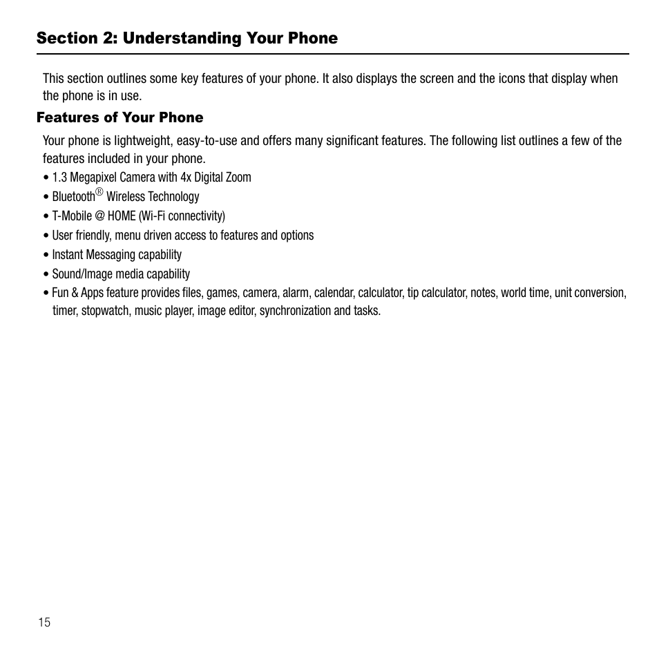 Section 2: understanding your phone, Features of your phone | Samsung SGH-T339RRATMB User Manual | Page 18 / 184