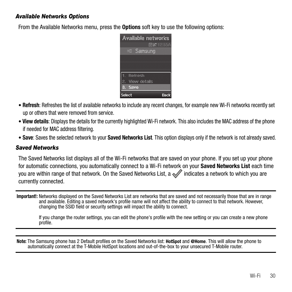 Available networks options, Saved networks | Samsung SGH-T339RRATMB User Manual | Page 33 / 184