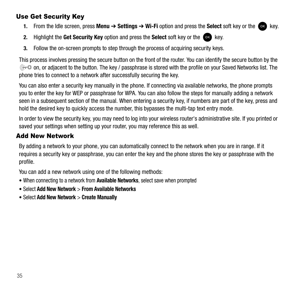 Use get security key, Add new network, Use get security key add new network | Samsung SGH-T339RRATMB User Manual | Page 38 / 184
