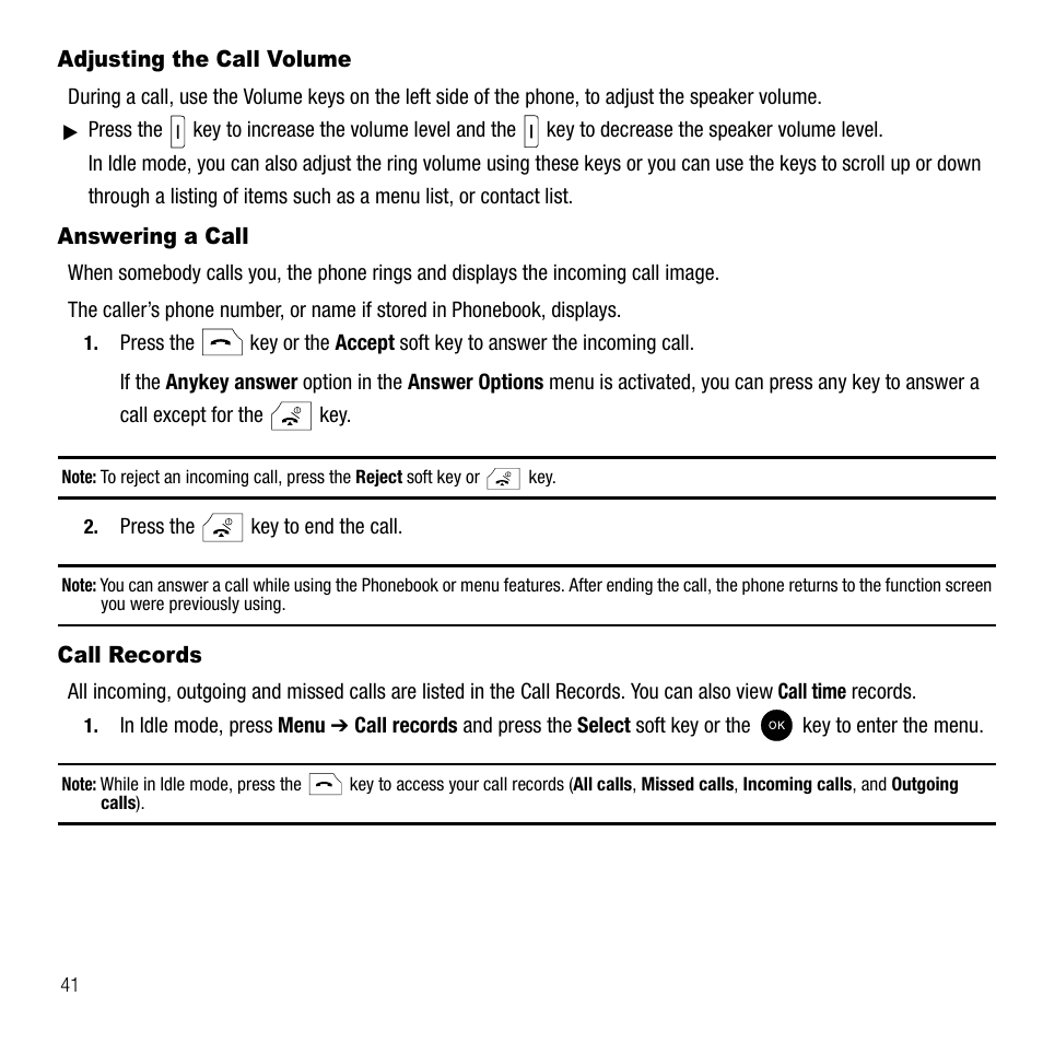 Adjusting the call volume, Answering a call, Call records | Samsung SGH-T339RRATMB User Manual | Page 44 / 184