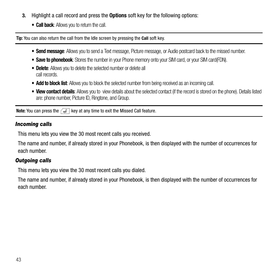 Incoming calls, Outgoing calls | Samsung SGH-T339RRATMB User Manual | Page 46 / 184