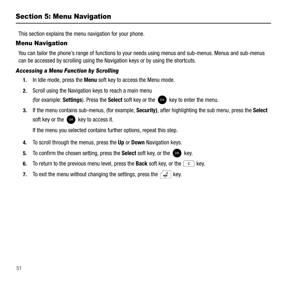 Section 5: menu navigation, Menu navigation, Accessing a menu function by scrolling | Samsung SGH-T339RRATMB User Manual | Page 54 / 184