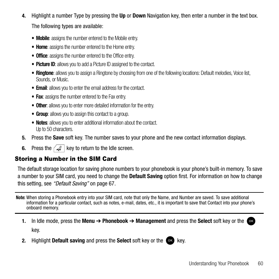 Storing a number in the sim card | Samsung SGH-T339RRATMB User Manual | Page 63 / 184