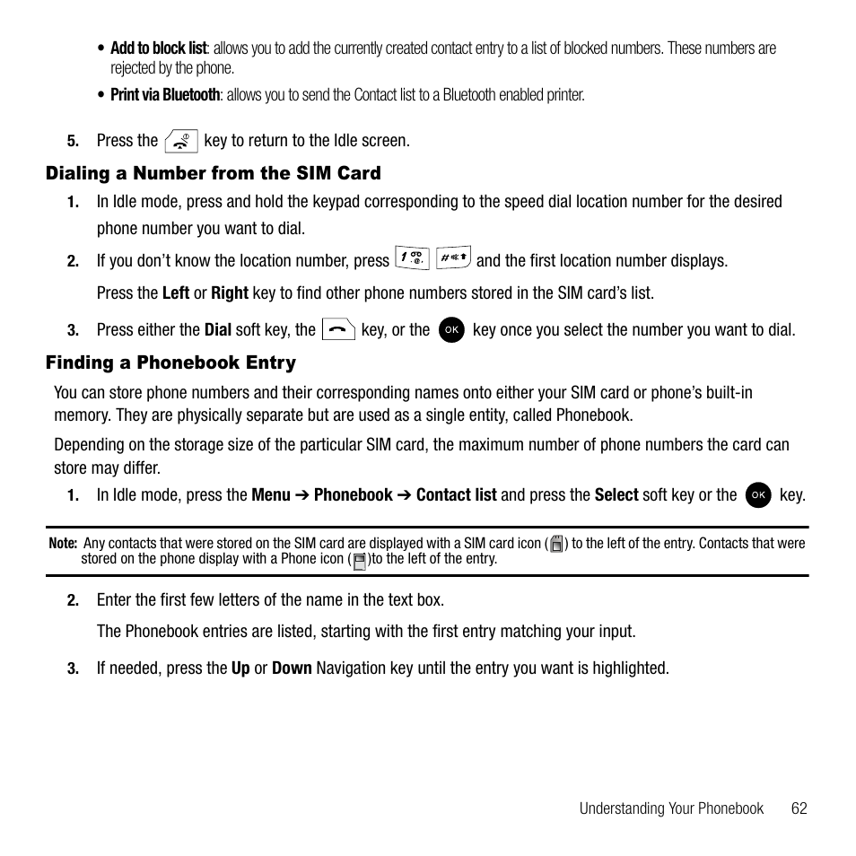 Dialing a number from the sim card, Finding a phonebook entry | Samsung SGH-T339RRATMB User Manual | Page 65 / 184