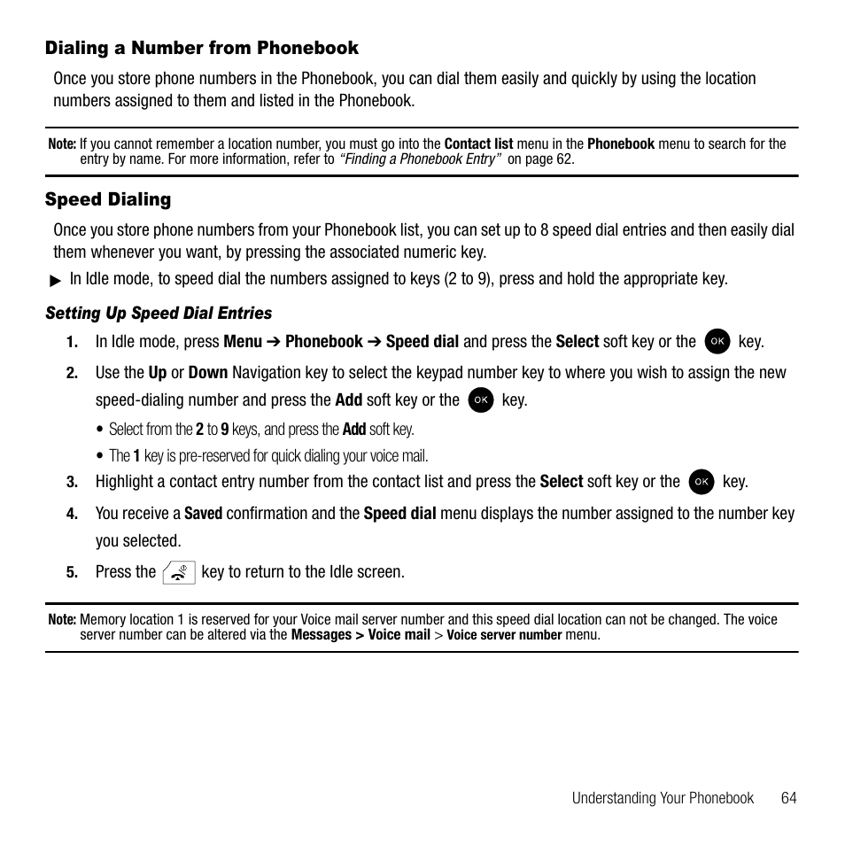 Dialing a number from phonebook, Speed dialing, Setting up speed dial entries | Dialing a number from phonebook speed dialing | Samsung SGH-T339RRATMB User Manual | Page 67 / 184