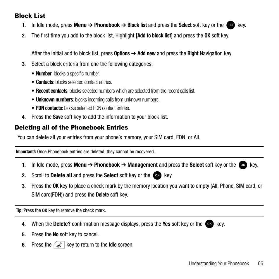 Block list, Deleting all of the phonebook entries, Block list deleting all of the phonebook entries | Samsung SGH-T339RRATMB User Manual | Page 69 / 184