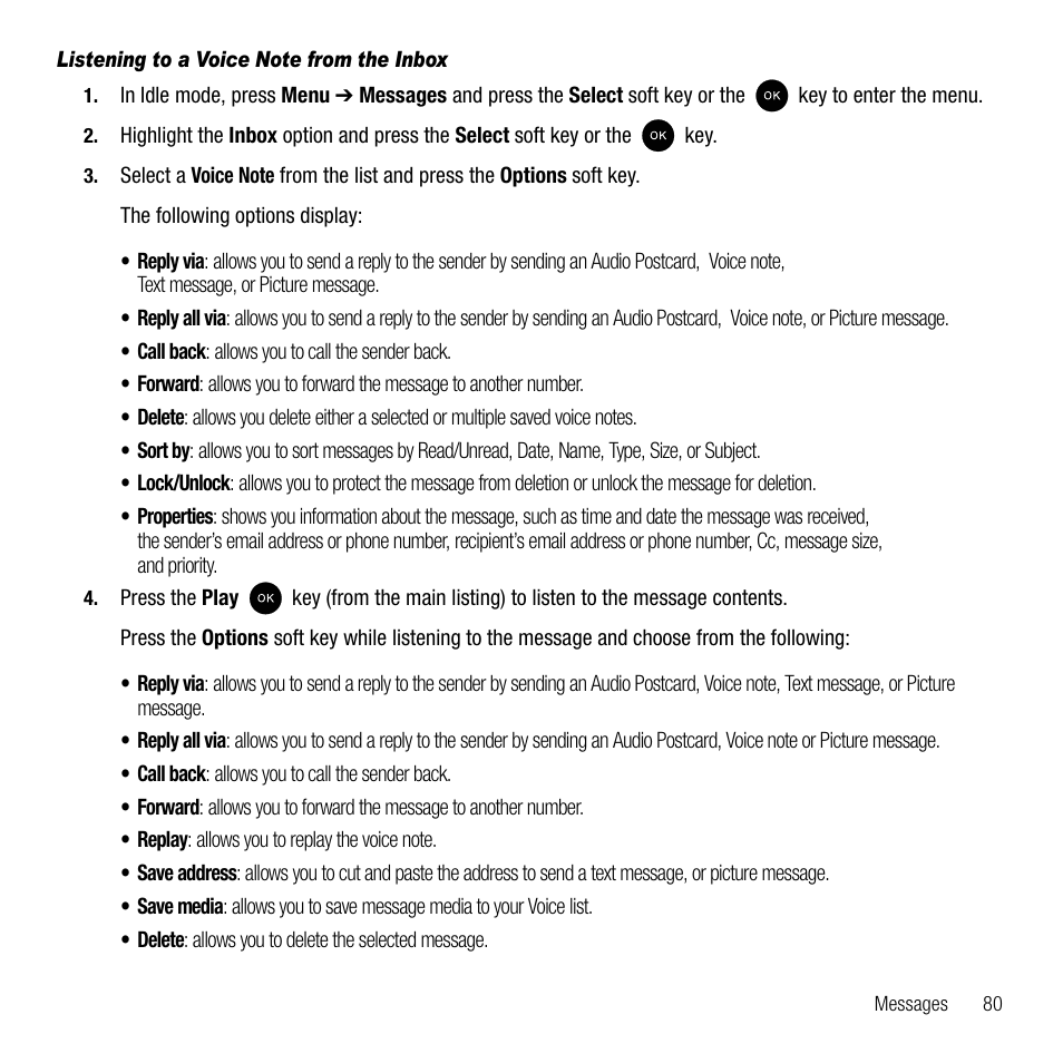 Listening to a voice note from the inbox | Samsung SGH-T339RRATMB User Manual | Page 83 / 184