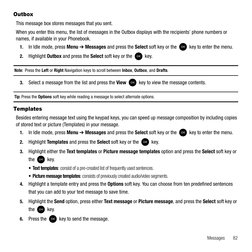 Outbox, Templates | Samsung SGH-T339RRATMB User Manual | Page 85 / 184