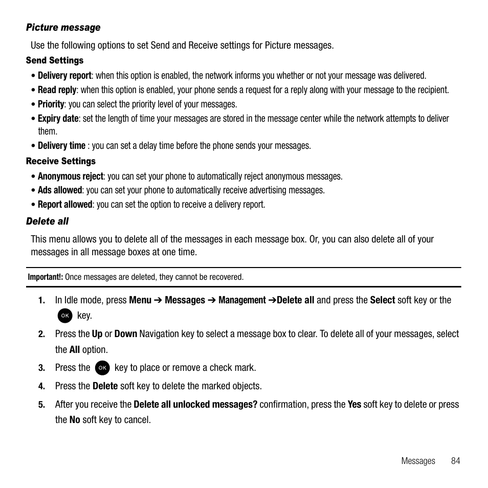 Picture message, Delete all | Samsung SGH-T339RRATMB User Manual | Page 87 / 184