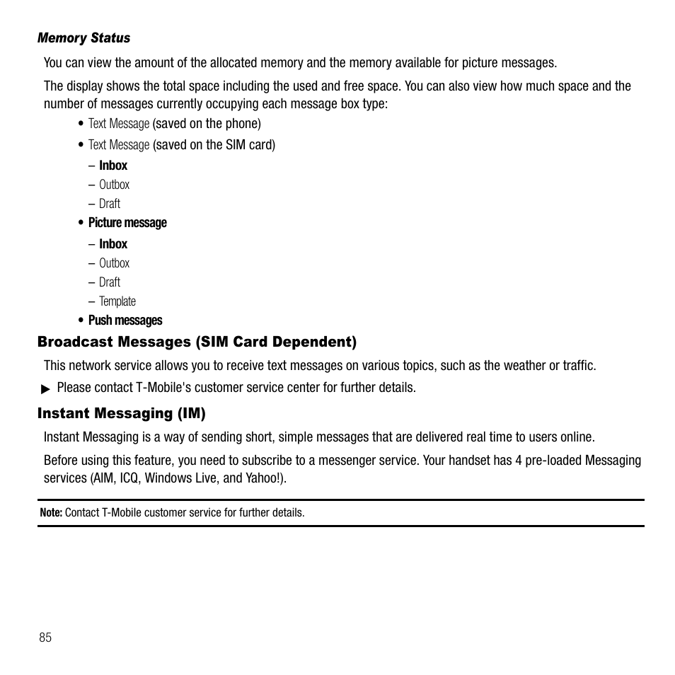 Memory status, Broadcast messages (sim card dependent), Instant messaging (im) | Samsung SGH-T339RRATMB User Manual | Page 88 / 184