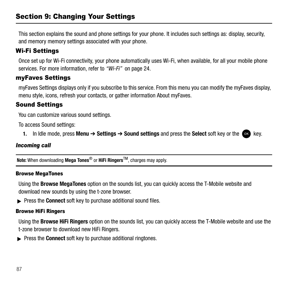 Section 9: changing your settings, Wi-fi settings, Myfaves settings | Sound settings, Incoming call, Wi-fi settings myfaves settings sound settings | Samsung SGH-T339RRATMB User Manual | Page 90 / 184