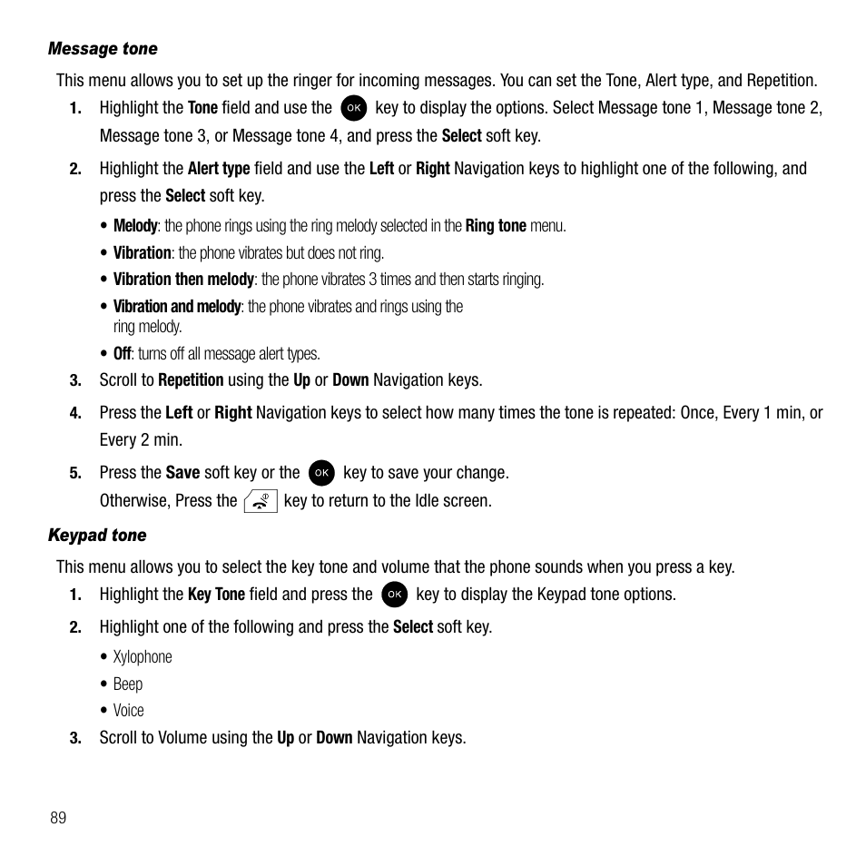 Message tone, Keypad tone | Samsung SGH-T339RRATMB User Manual | Page 92 / 184