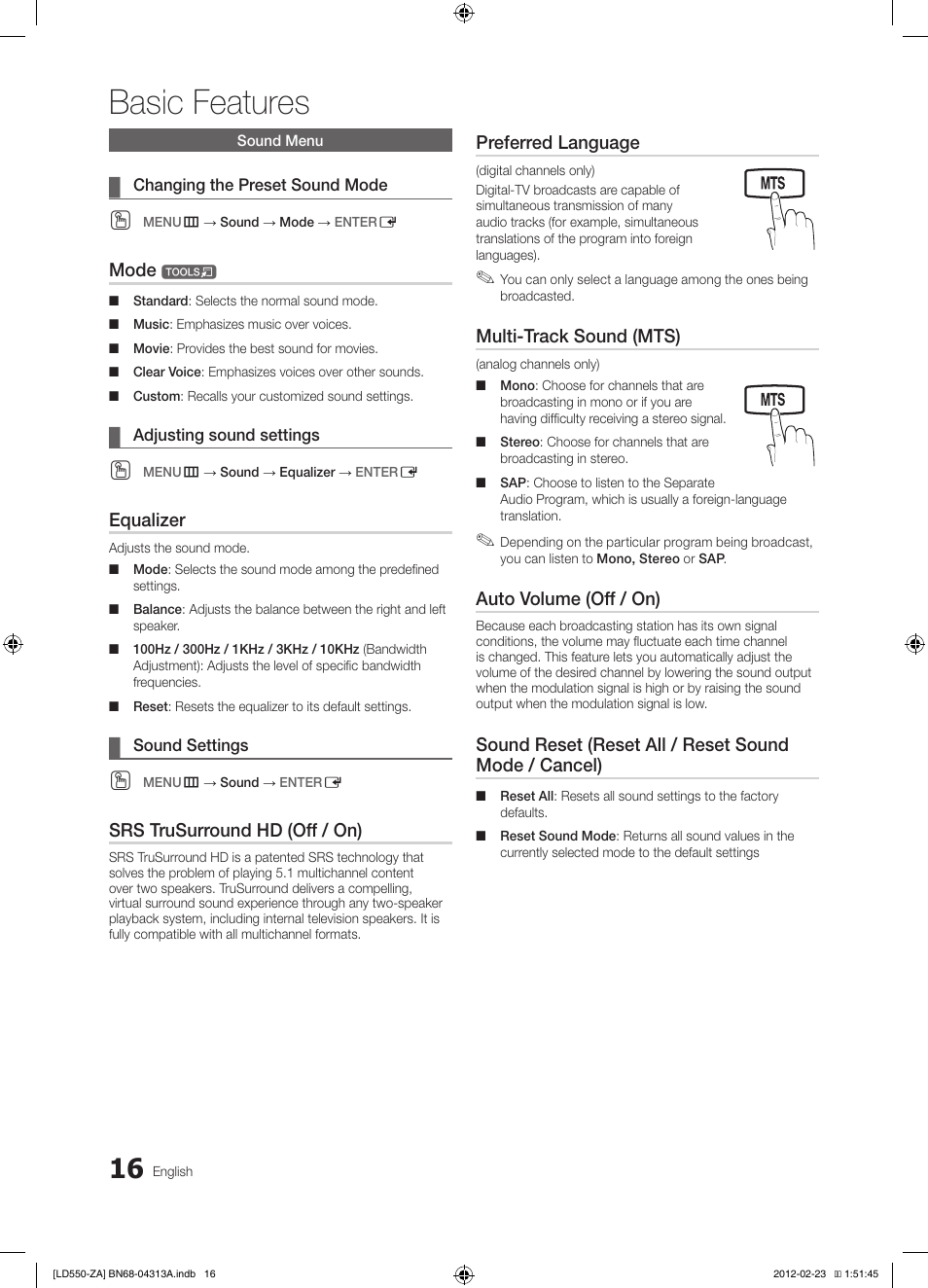 Basic features | Samsung LN46E550F6FXZA User Manual | Page 16 / 35