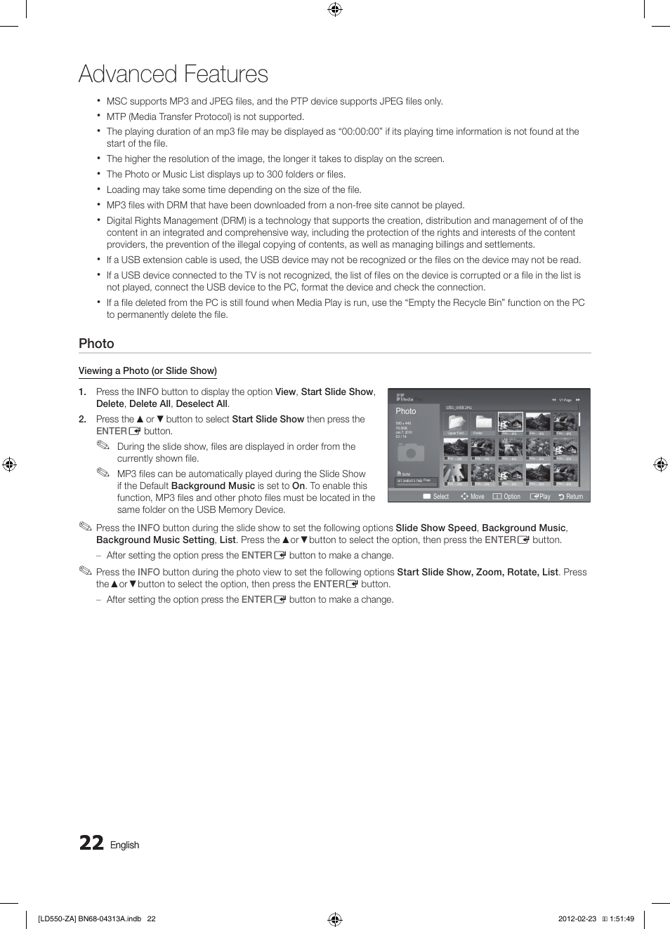 Advanced features, Photo | Samsung LN46E550F6FXZA User Manual | Page 22 / 35